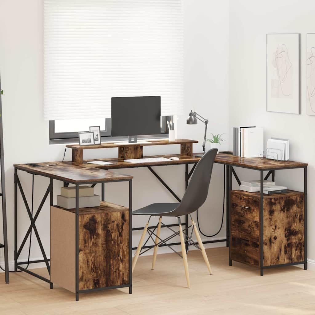 Scrivania affumicatura 182 x 101 x 87,5 cm, materiale in legno, con spazio di archiviazione, illuminazione a LED, gestione cavi, per casa, ufficio, design moderno