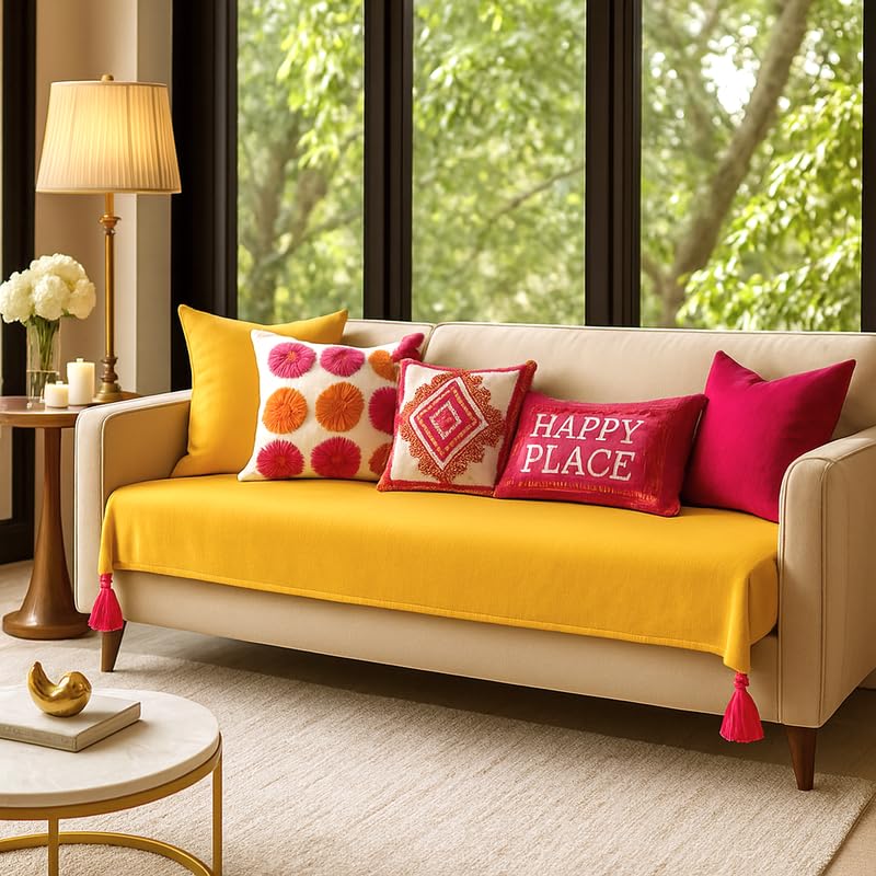 Image of Light Yellow Tassels 3+2+1 Sofa Set Cover:Sofa Throw Living Room Home Decor, Sofa Seat Cover -Set of 3 Seat Covers- 6 Seater Water Proof Sofa Cover with Tassel Set (3+2+1 Seater)|