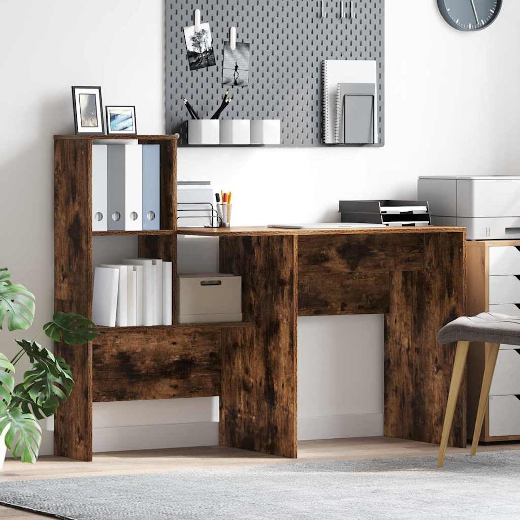 Scrivania rovere fumé in legno ingegnerizzato 131,5x50x106,5 cm con ripiano e mensole integrati per lavoro, studio, gaming e smartworking in casa o ufficio
