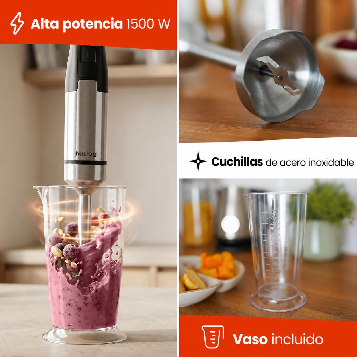 BlendFlex da 1500 W Frullatore a immersione – Frullatore in acciaio inossidabile con 20 velocità e funzione turbo, incl. misurino da 600 ml – Frullatore a immersione per frullati