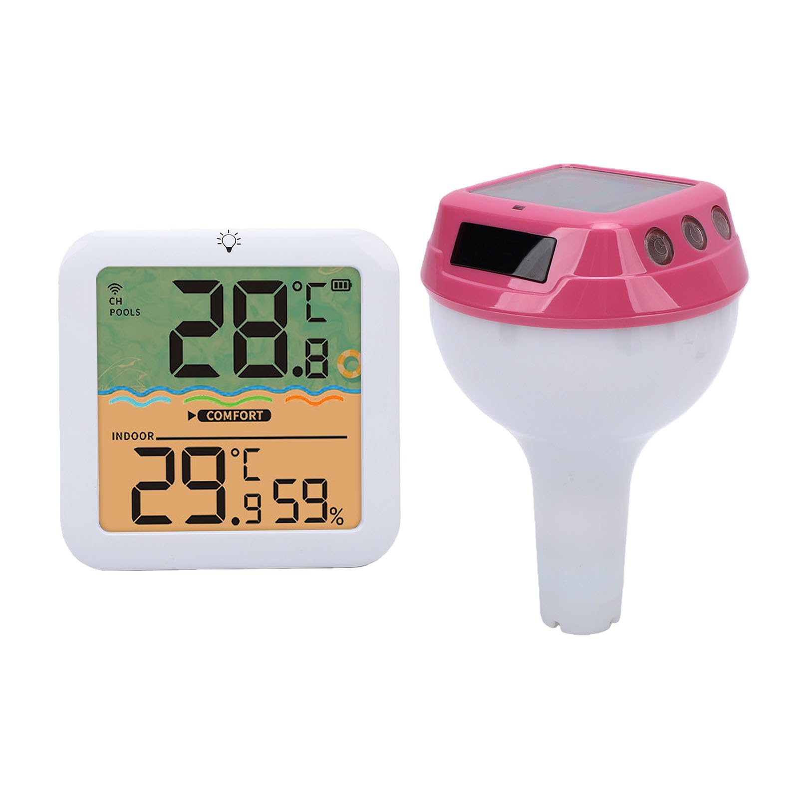 Bewinner Termómetro de Piscina Flotante con Energía Solar con Luz RGB, Termómetro Digital Solar Inalámbrico IP68 de Alcance de 328 Pies, Pantalla de Humedad Interior para Usuarios de (rojo)