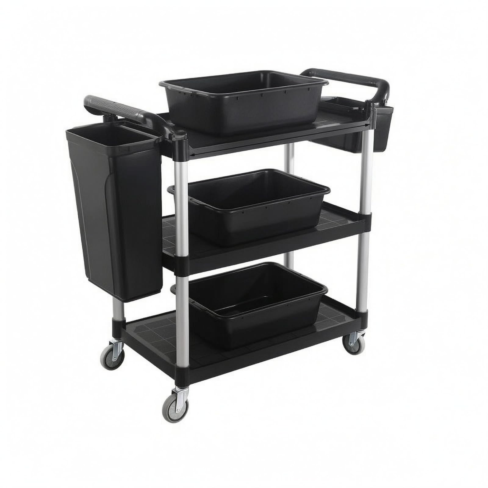 Baoblaze Carrello di Servizio Commerciale Carrello Cucina Carrello Ristorante Carrello Portavivande Carrello Raccolta Vassoi con 3 Livelli E Maniglie Laterali, Nero, Ruote Silenziose