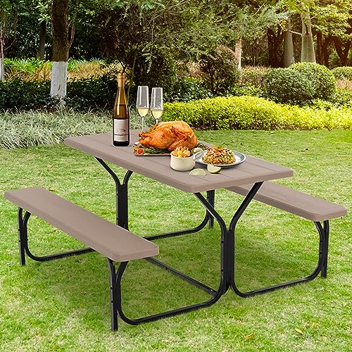 GYMAX-Picnic-Table-Picnic-Bench-Easy-to-Assemble-wAll-Weather-Wood-Grain-Tabletop-Metal-Frame-Picnic-Tables-for-Outdoors-Camping-Backyard-Deck-Patio-Poolside-Dining-Party GYMAX Picnic Table Picnic Bench Easy to Assemble wAll Weather Wood Grain Tabletop Metal Frame Picnic Tables for Outdoors Camping Backyard Deck Patio Poolside Dining Party