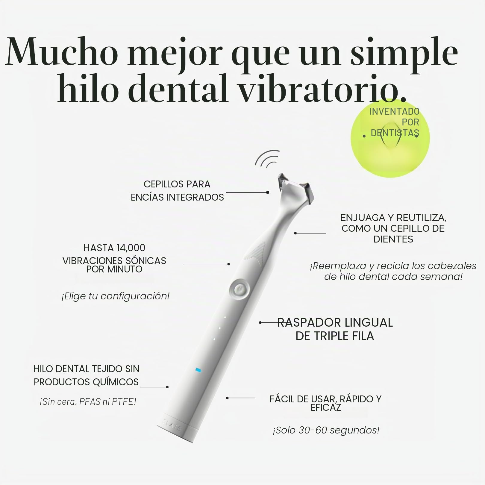 SLATE Hilo dental eléctrico | Hilo dental de lujo para dientes con 3 velocidades - Inventado por dentistas | Hilo dental reutilizable no tóxico, raspador de lengua y cuidado de las encías