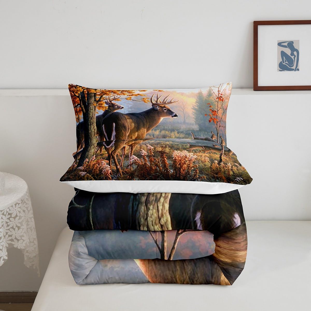Cute Deer Comforter Set Kids Deer Hunting Comforter for Boys Teens Antlers Bedding Set Breathable Western Farmhouse Red Orange Duvet Set Room Decor Quilt Set Twin Size with 1 Pillow Case