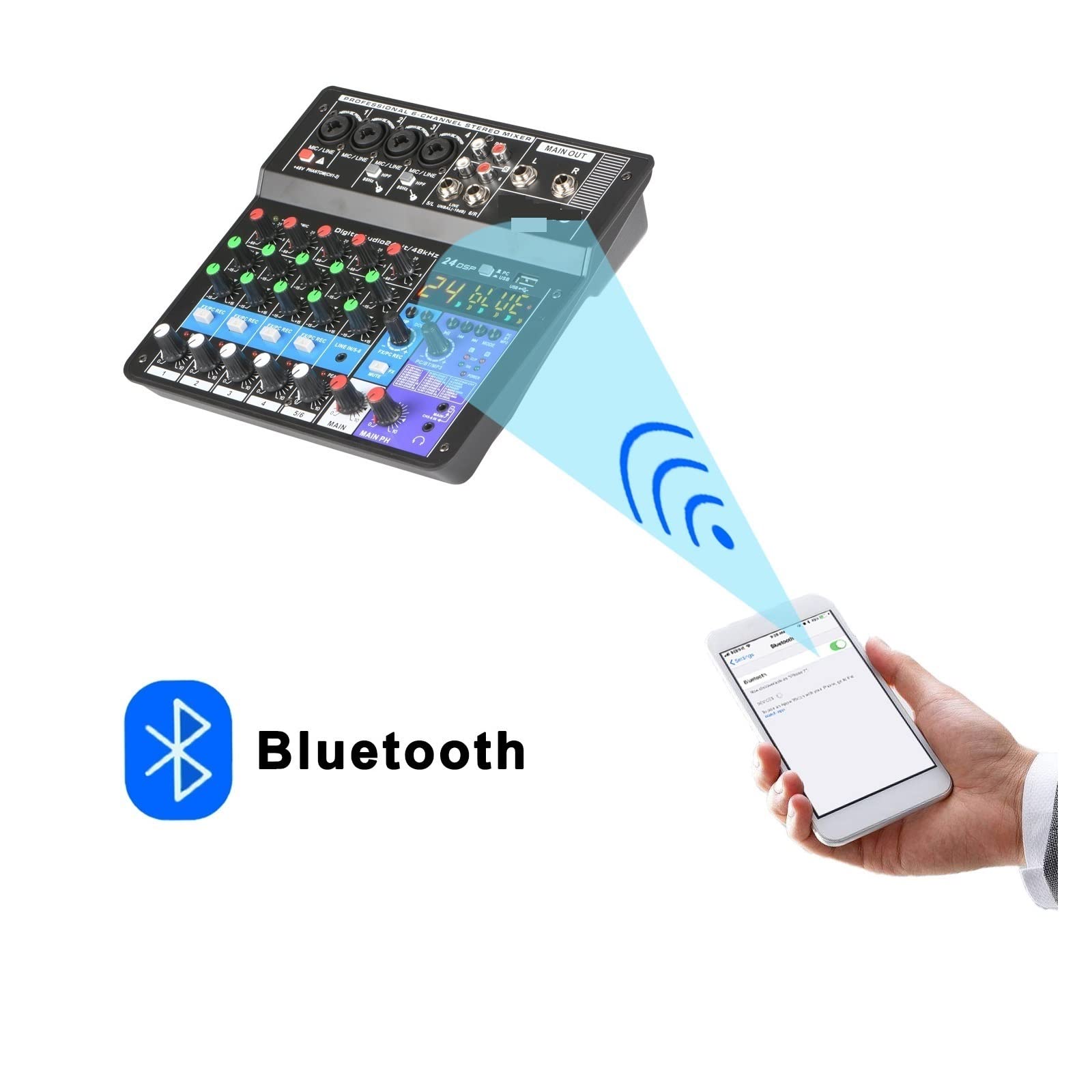 Consolle DJ, Console di missaggio a 6 canali Mobile USB Registrazione computer Riproduzione Mixer ingresso alimentazione phantom 48V A6