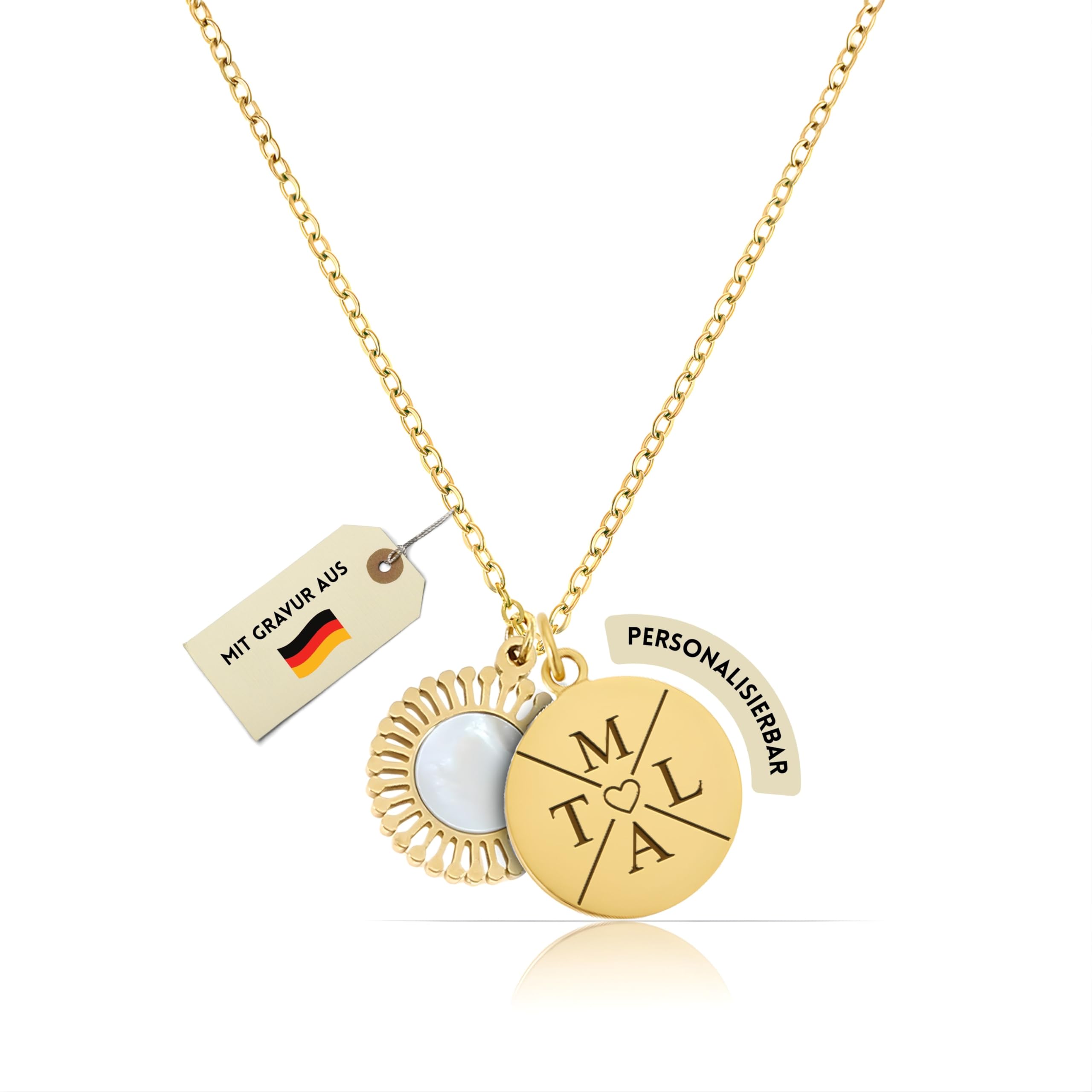 Made by Nami Personalisierte Kette mit Buchstaben Gold – Münz- & Sonnenanhänger – 40 + 5 cm aus 316L Edelstahl Personalisierte Geschenke Frauen Kette mit Namen, Symbol oder Wunschgravur (Design 6)