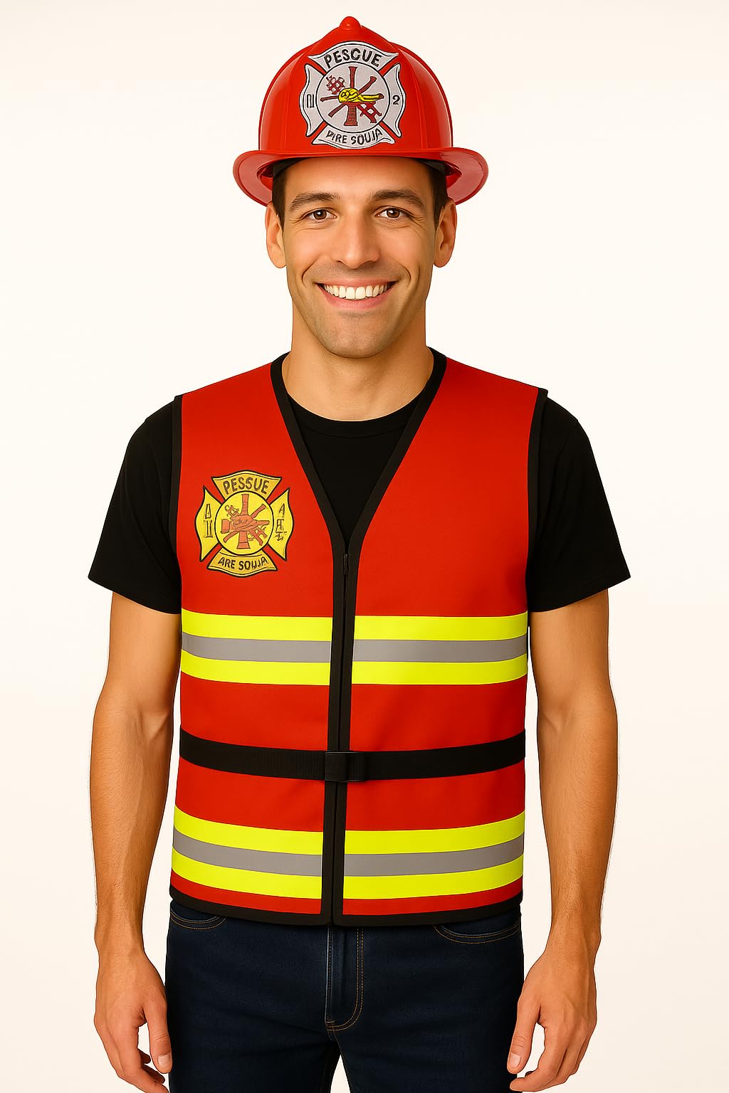 Adult Firefighter Costume with Helmet Fire Brigade Vest Jacket Squad Rescue Uniform for Men High Visibility Reflective Vest Hard Hat Fireman Fancy Dress Outfit for Halloween, Parties & Role Play (XXL)