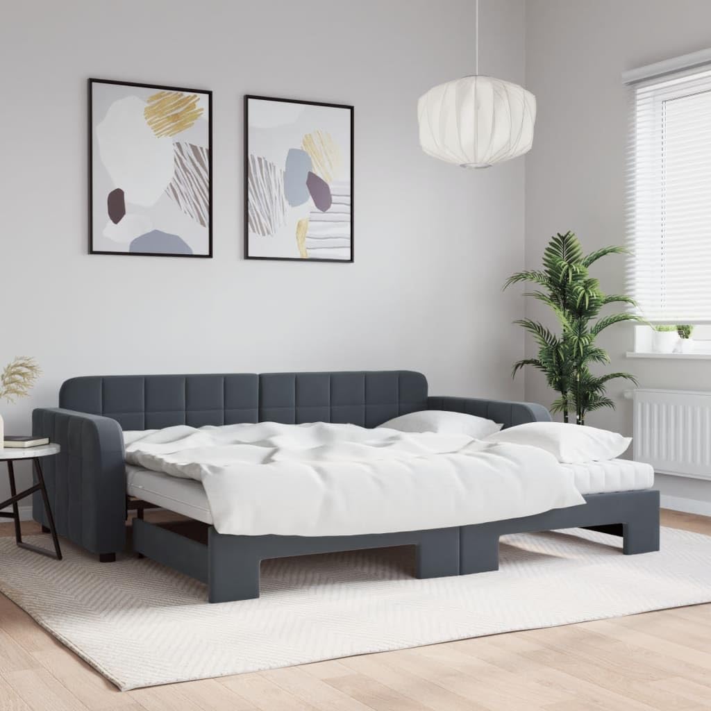 vidaXL Sofa rozsuwana z materacami, ciemnoszara, 90x190 cm, aksamit