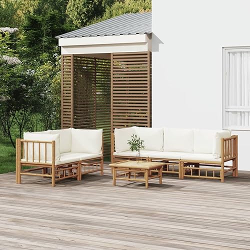 Miniatura 32 de 5 Piece Bamboo Garden Lounge Set Outdoor Patio Furniture with Beige Cushions, Natural Bamboo Rectangular Seating Set for Backyard, Porch, and