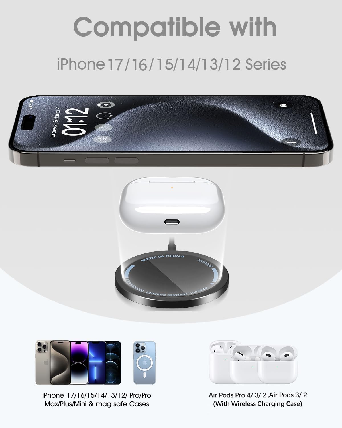 Caricatore Wireless Magnetico, 15W Caricabatterie MogSafe Caricatore Senza Fili Portatile Rapida magnetico Caricabatterie compatibile con iPhone 17 16 15 14 13 12 serie,AirPods Pro 2/3,ecc ([Nero-CX])