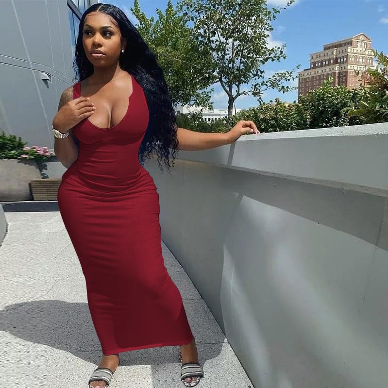 Image of Nimsruc Women Casual Sexy Deep U Neck Tank Top Bodycon Dress Summer Sleeveless Wrap Long Basic Party Club Maxi Dresses