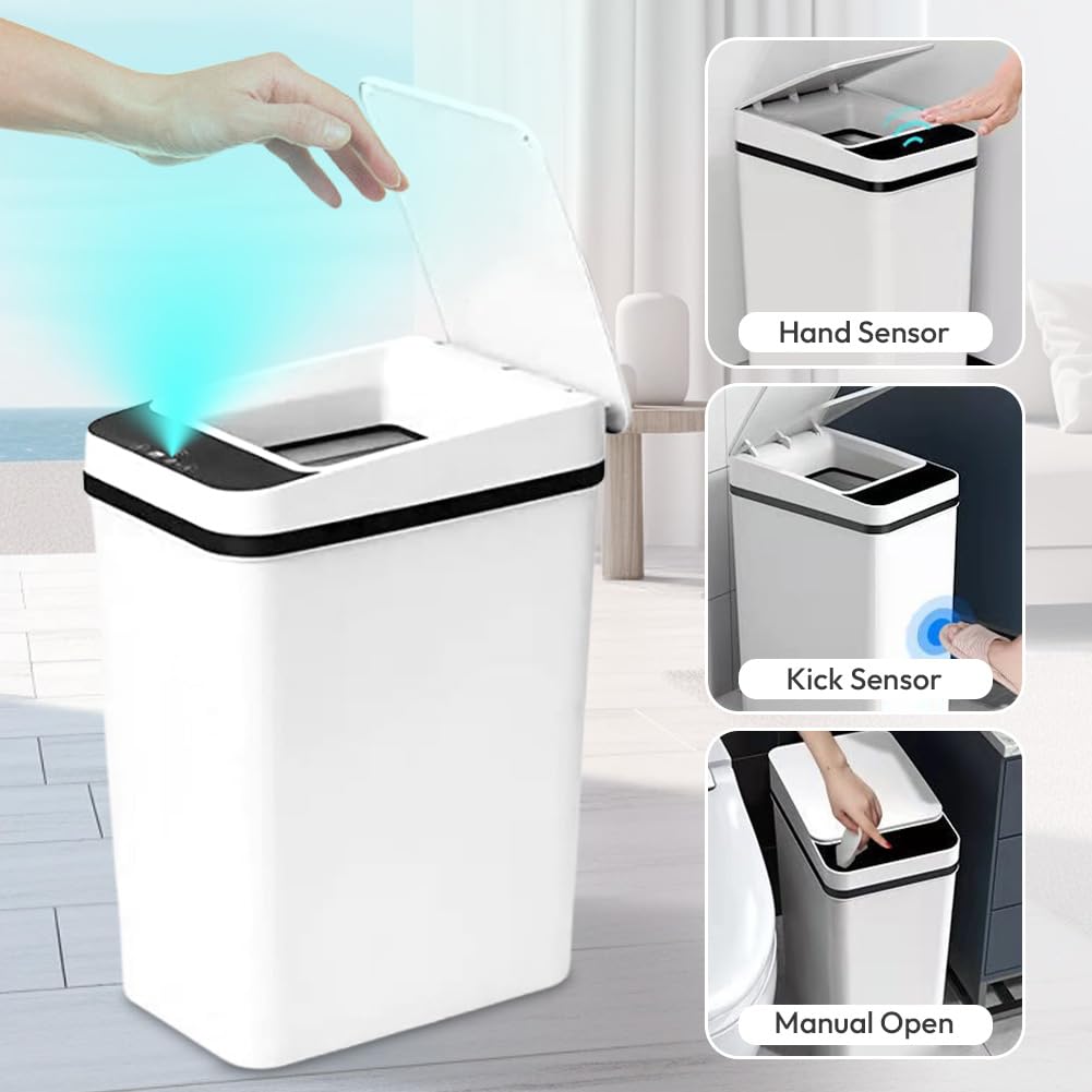 Cubo de Basura Para Baño, 12 L, con Sensor Inteligente, Es un Cubo de Basura de Plástico ABS para la Cocina Está Equipado con Una Tapa, se Cierra Silenciosamente y Es Resistente Agua (Blanco)