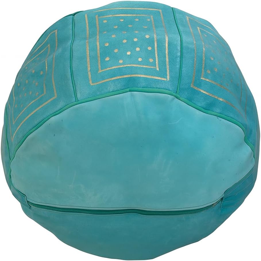 Treasures Of Morocco Handmade Moroccan Leather Pouf Ottoman – 100% Genuine Leather Round Footstool, Comfortable Home Décor Accent, Available in 20 Unique Designs (Turquoise)