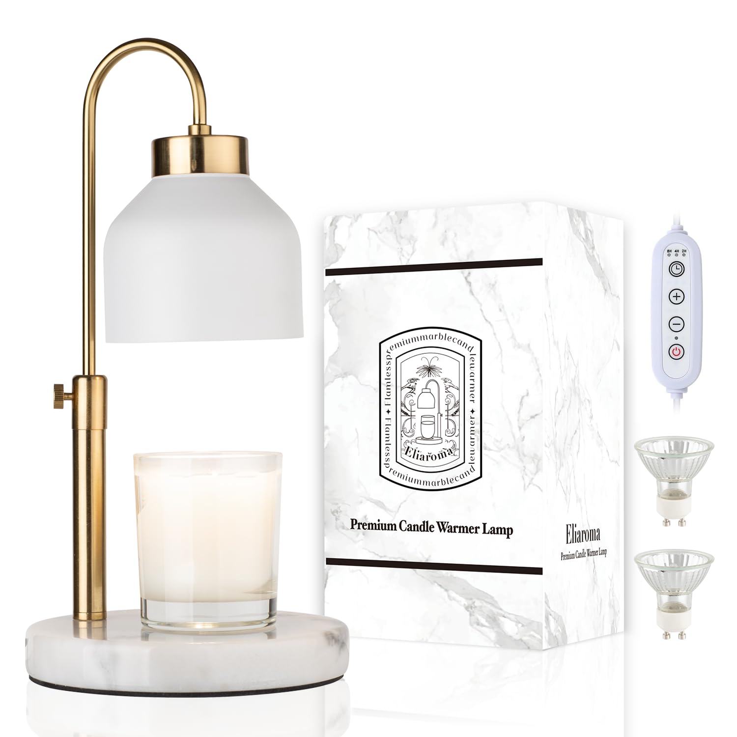 Candle Warmer Lamp, Height Adjustable with Timer, Dimmer, Premium Marble Base, Electric Candle Lamp Warmer for Scented Wax with 2 Bulbs, Small & Large Size Jar Candles, House Warming Gifts