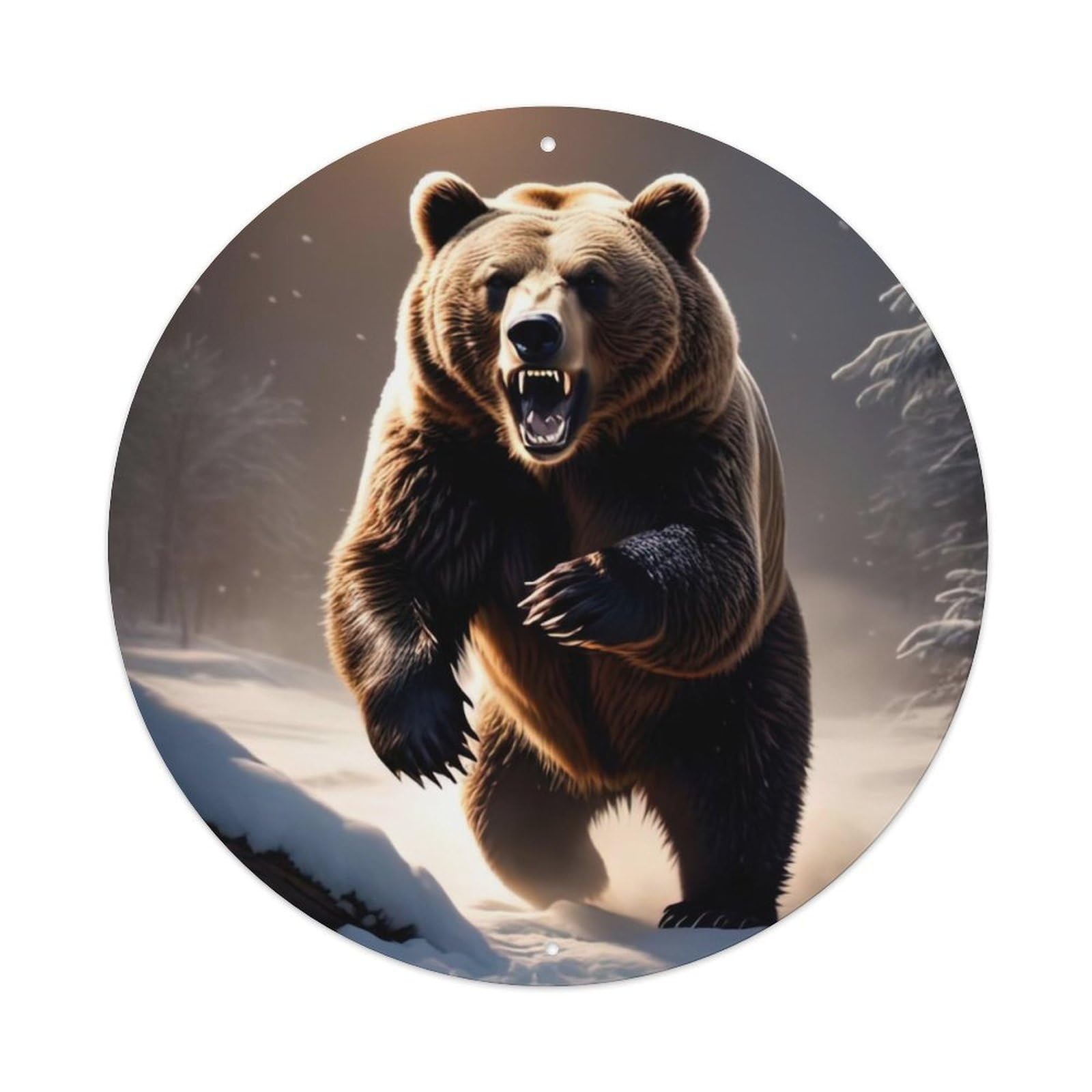 Wildlife Artwork Brown Bear Roaring in The Snow Vintage Metal Tin Sign Plaque Wall Decor for Cafe, Club Bar, Office, Garden Metal Poster 8x8Inch