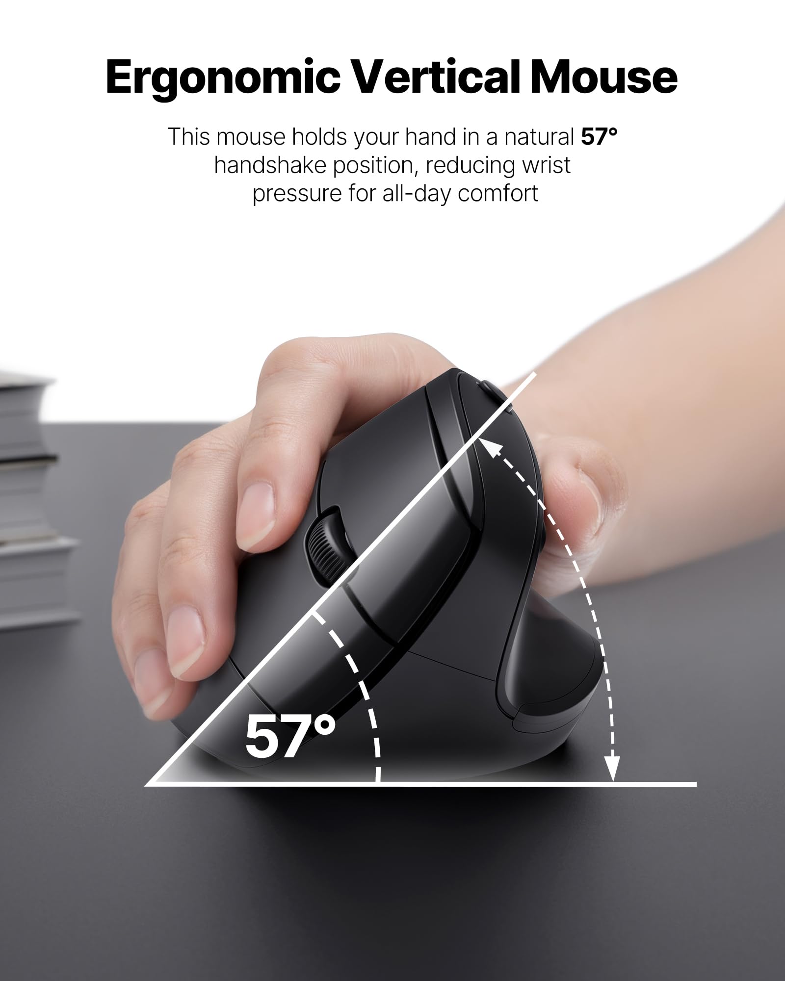 Mouse ergonomico, mouse verticale wireless Bluetooth con doppia connessione (Bluetooth 5.0 e USB-A), mouse ergonomico silenzioso per Windows Mac iPad OS, PC portatile, nero