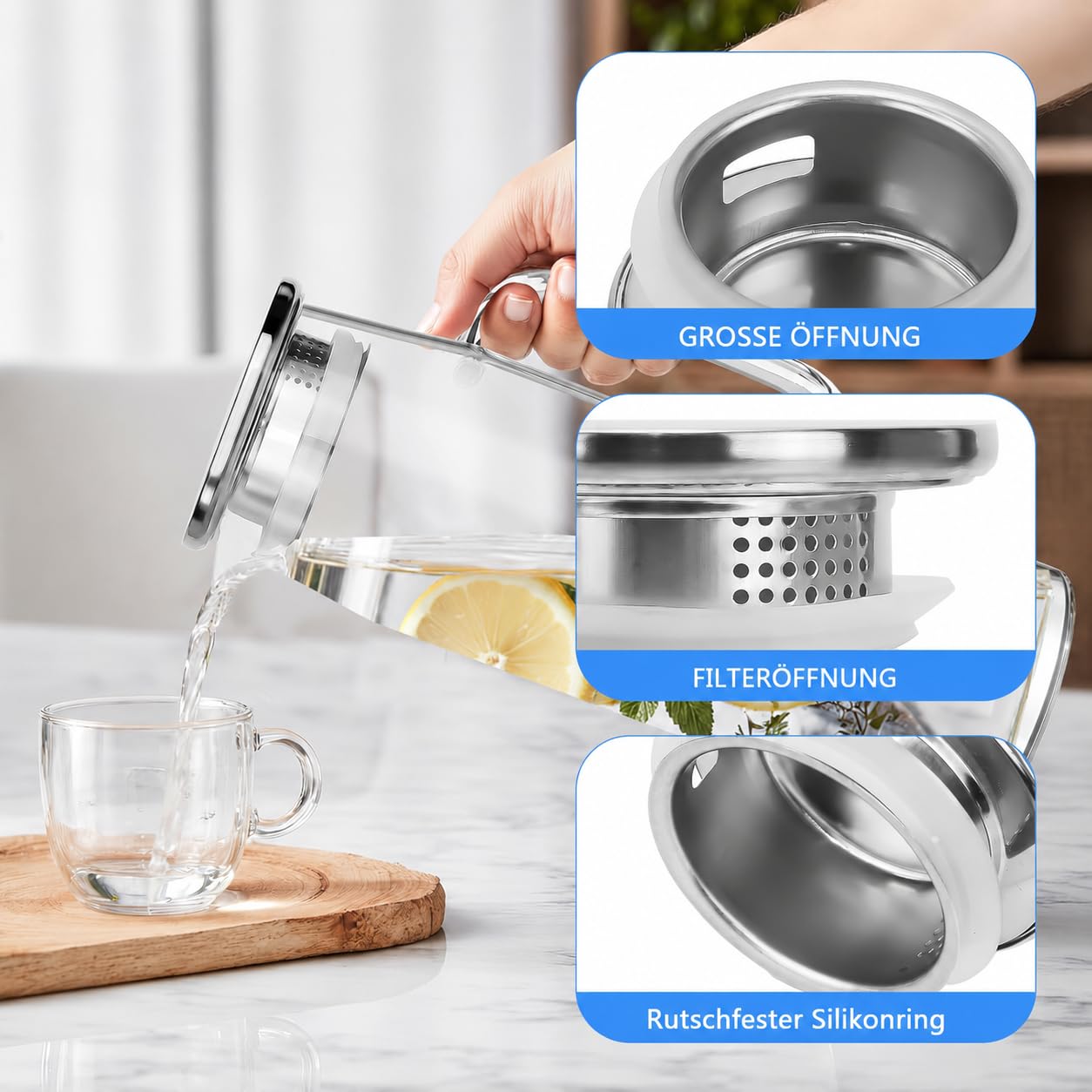 3er Set 1,5 L Wasserkaraffen, Glaskaraffe mit Deckel, Filter & Bürsten | Karaffe aus Glas für Wasser, Infused Water, Eistee und Saft – vielseitiger Wasserkrug für Küche, Esstisch, Büro und Feiern