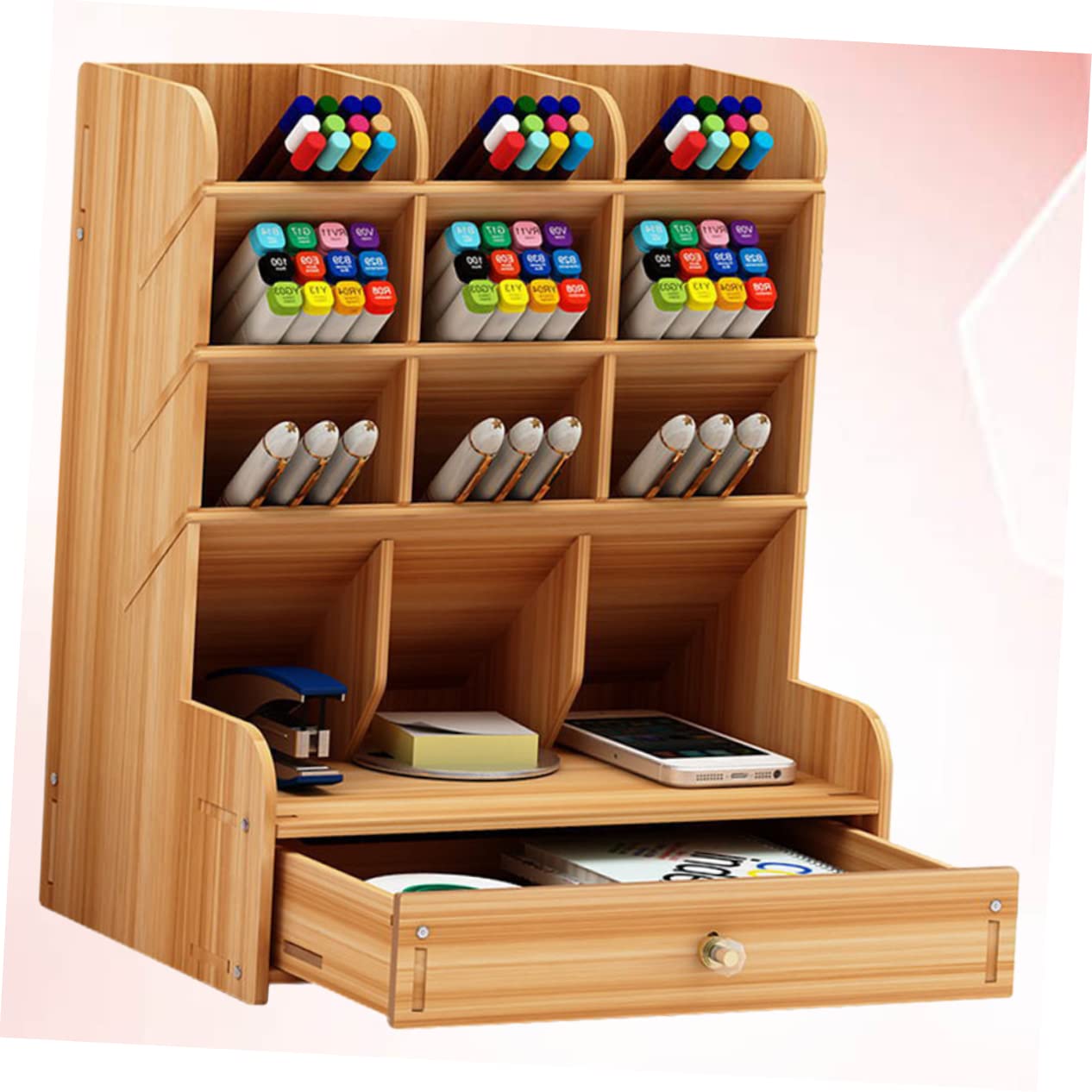 Portapenne in con Ampia Capacità Organizer Scrivania con Scomparti Multipli per Ufficio e Casa Scatola Portaoggetti in Ciliegio Design e Resistente