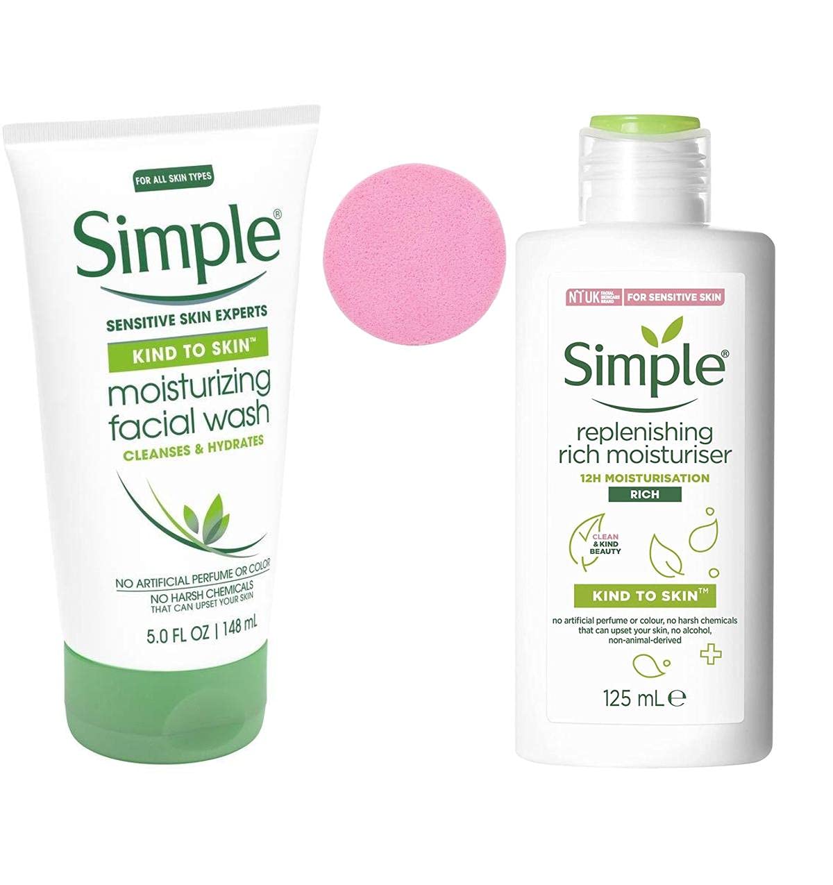 Simple Hydrating Rich Moisturizer, 4.2 Ounce - Simple Moisturizing Facial Wash, 5 Ounce - With Compressed Face Sponge