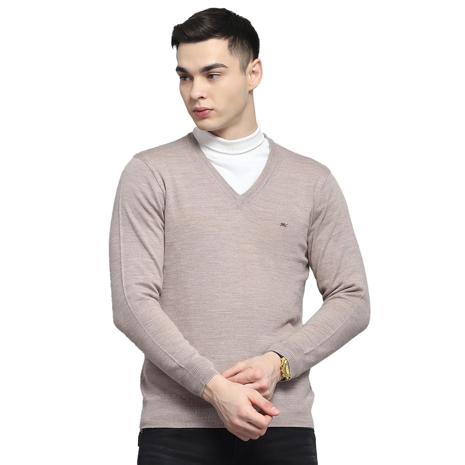 Mens Solid Beige V Neck Full Sleeve Pullover