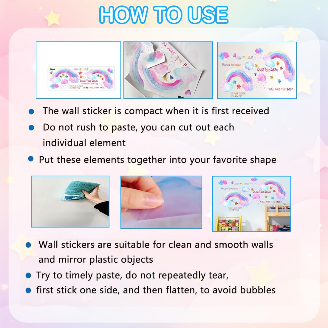 Adesivi da Parete Fluorescenti Unicorno Arcobaleno Luminoso Murali Bambini Farfalle Mongolfiera Stella Decorazione Murale