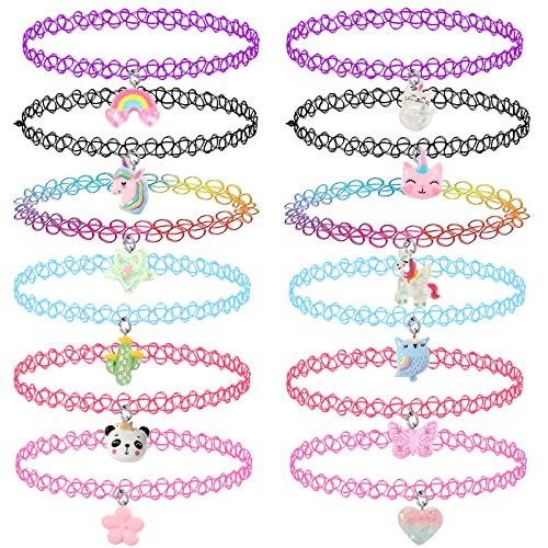 12PCS Choker Halskette Set für Kinder Teens Mädchen Frauen, Anhänger Charm Einhorn Regenbogen Katze Herz Blume Chokers Henna Tattoo Stretch elastisch schwarz rosa grün blau rot