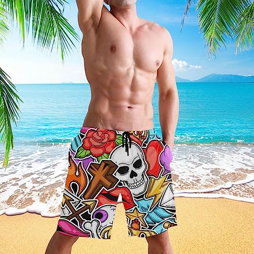 visesunny Men's Swim Trunks Retro Tattoo Skull Cartoon Old School Quick Dry Bathing Suits Beach Holiday Party Swim Shorts3