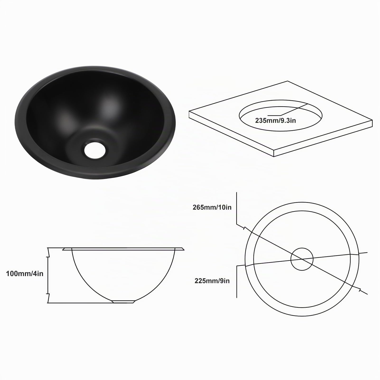 Lavello da cucina RV, Lavello in Acciaio Inox da 9x4 pollici, Rotondo, con Porta di Scarico da 40 mm, per Lavabo per Camper e Roulotte