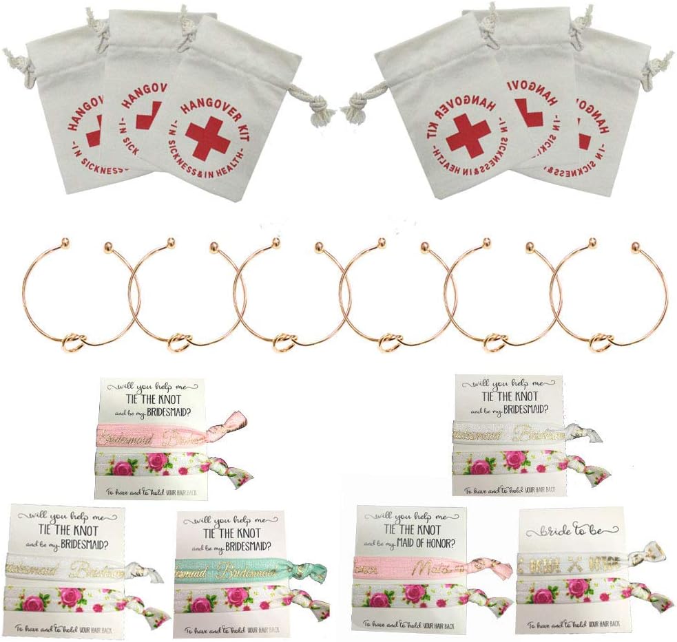 Bridesmaids Gift Set- 6 Set Rose Gold Love Knot Bracelets, Bride, Maid of Honor,Bridesmaids Hair Ties,Hangover kit,Bachelorette Party,Bridal Shower, Hen Party,Perfect Bridesmaids Gift