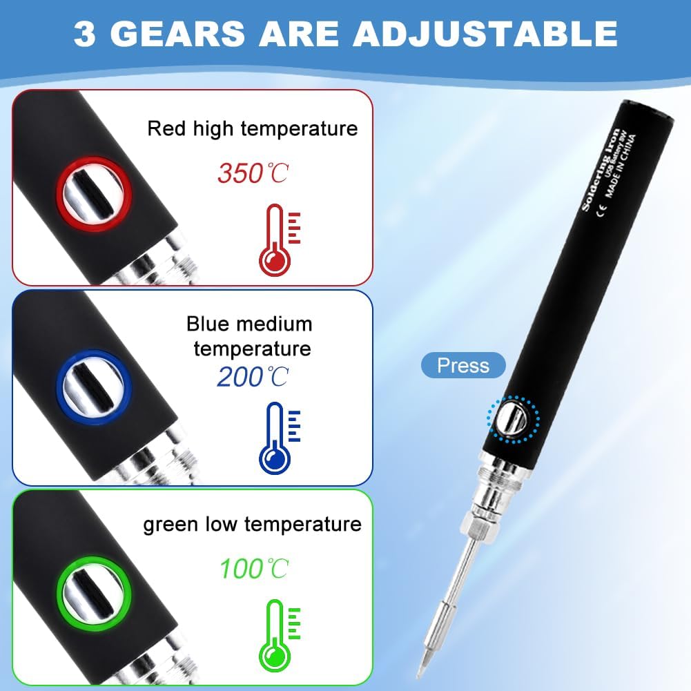 Cordless Soldering Iron Kit, Portable USB Wireless Electric Soldering Pen 3 Temperature Adjustment Office Hand Welding Tool for Appliance Repair, DIY(COLOR:black)