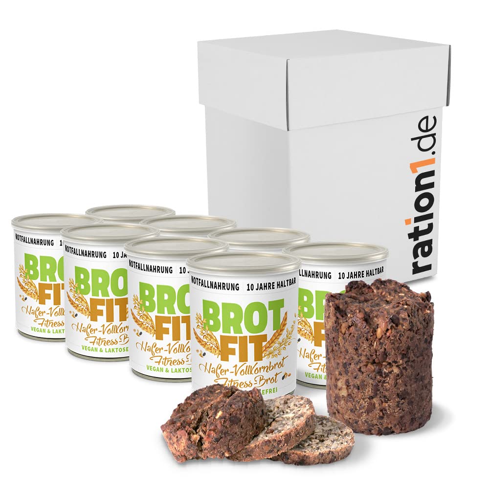 ration1 Fitness Hafer-Vollkornbrot 8 x 500g, 10 Jahre haltbar | Brot in der Dose, vegan & laktosefrei, Camping Essen, Outdoor, Festival, Notfallnahrung