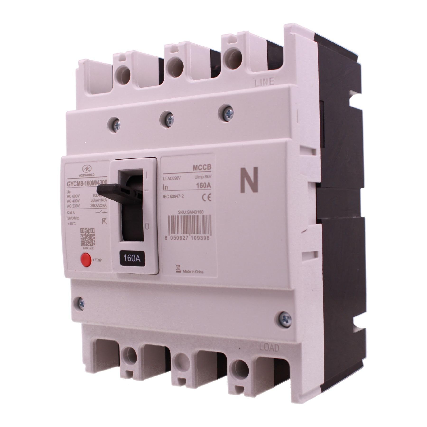 Interruttore Scatolato MCCB 160A 4 Poli 3P+N, Magnetotermico Industriale Trifase, Icu/Ics 36kA/18kA, Ui AC690V, Uimp 8kV, Cat. A, IEC 60947-2, Pulsante TRIP, per Quadri Elettrici, Serie GYCM8