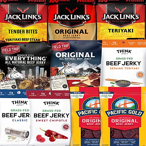 Beef Jerky Variety Pack - 10 Count | Think Jerky, Field Trip Jerky, Pacific Gold and Jack Links Jerky | Birthday Box for Men, Gift's for Father, Jerky Gift Baskets for Men by Stuff Your Sack