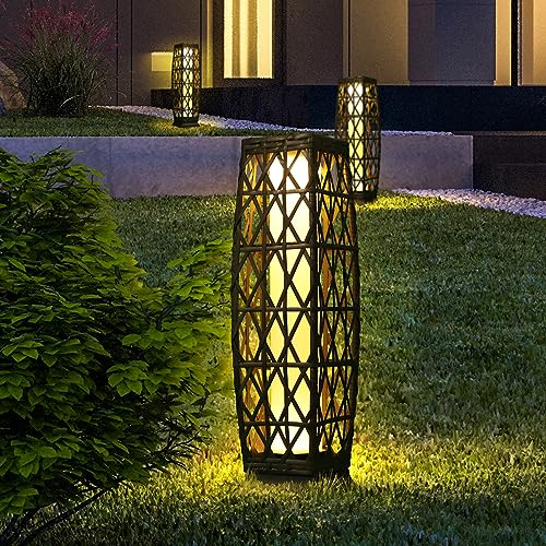 OLYMSOLD Solar Floor Lamp,Outdoor Floor Lamp,Solar Lanterns Outdoor Waterproof,Solar Powered Resin Wicker Lamp,Weather-Resistant Rattan Deck Light for Porch, Garden,Patio,Deck