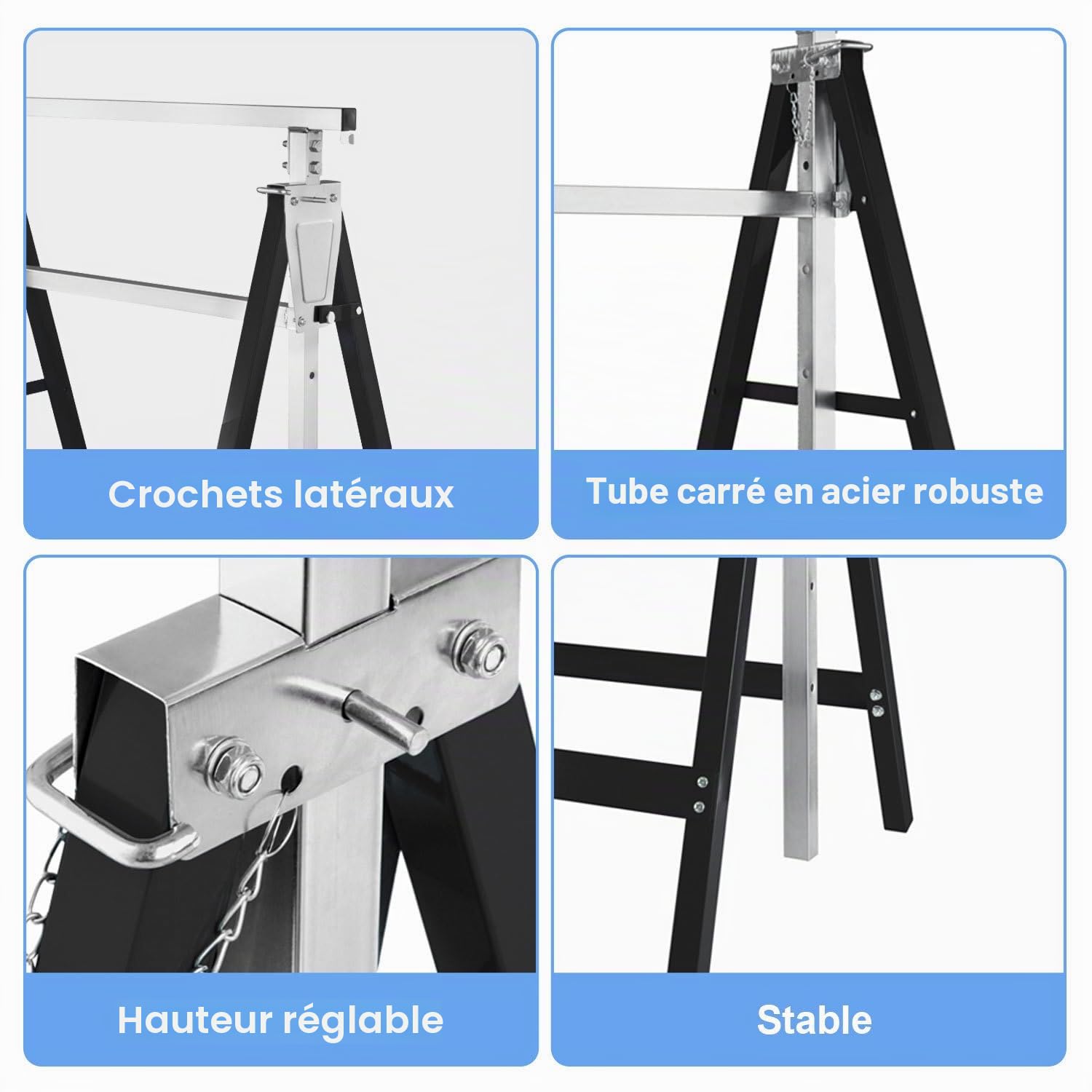 Lot de 2 tréteaux de travail réglables en hauteur sur 7 niveaux (80-130 cm), Tréteau d'échafaudage 400 kg par paire, pliable pour la maison, l'atelier et le jardin, noir