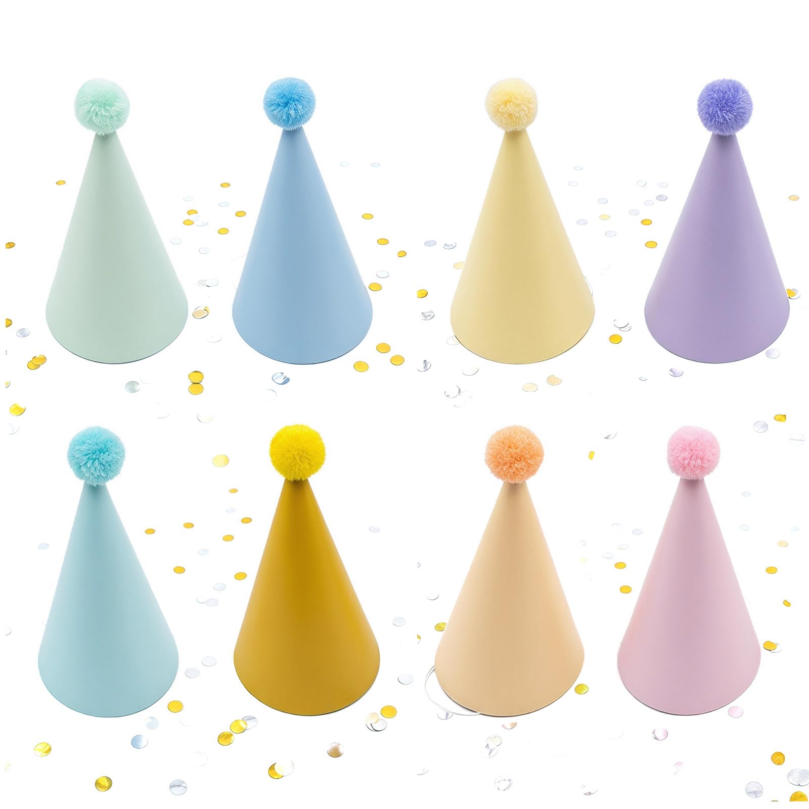 KIPTVO 8 Pcs Party Hats, Colorful Paper Birthday Hats – Cone Hats with Pom Poms for Birthday, Baby Shower, Housewarming & Fun Celebrations – Party Photo Props
