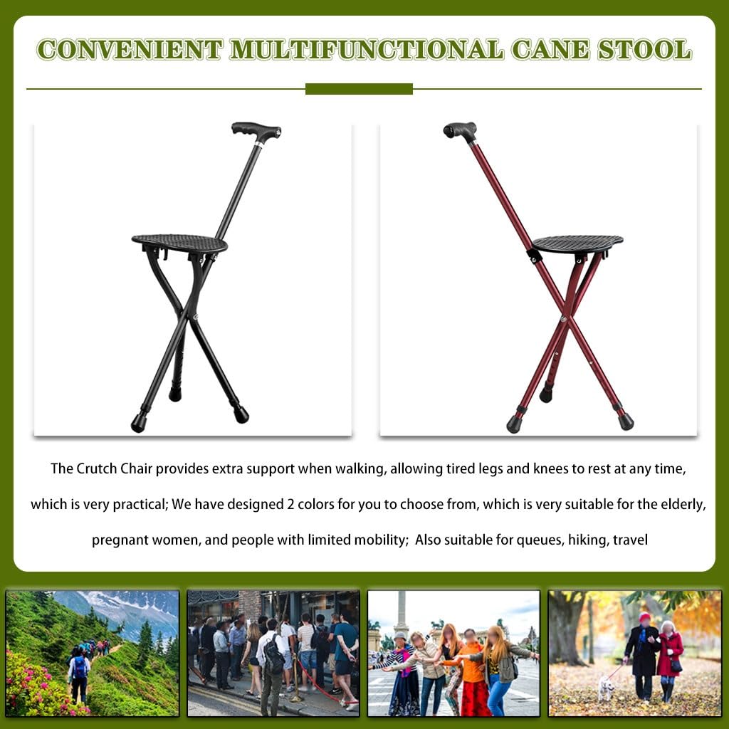 Bastón Taburete De Caña Duradero De Aleación De Aluminio, Bastón Ajustable En Altura De 5 Niveles, Muletas con Asiento Resistente con Luz LED, para Senderismo, Excursiones(Red Color)