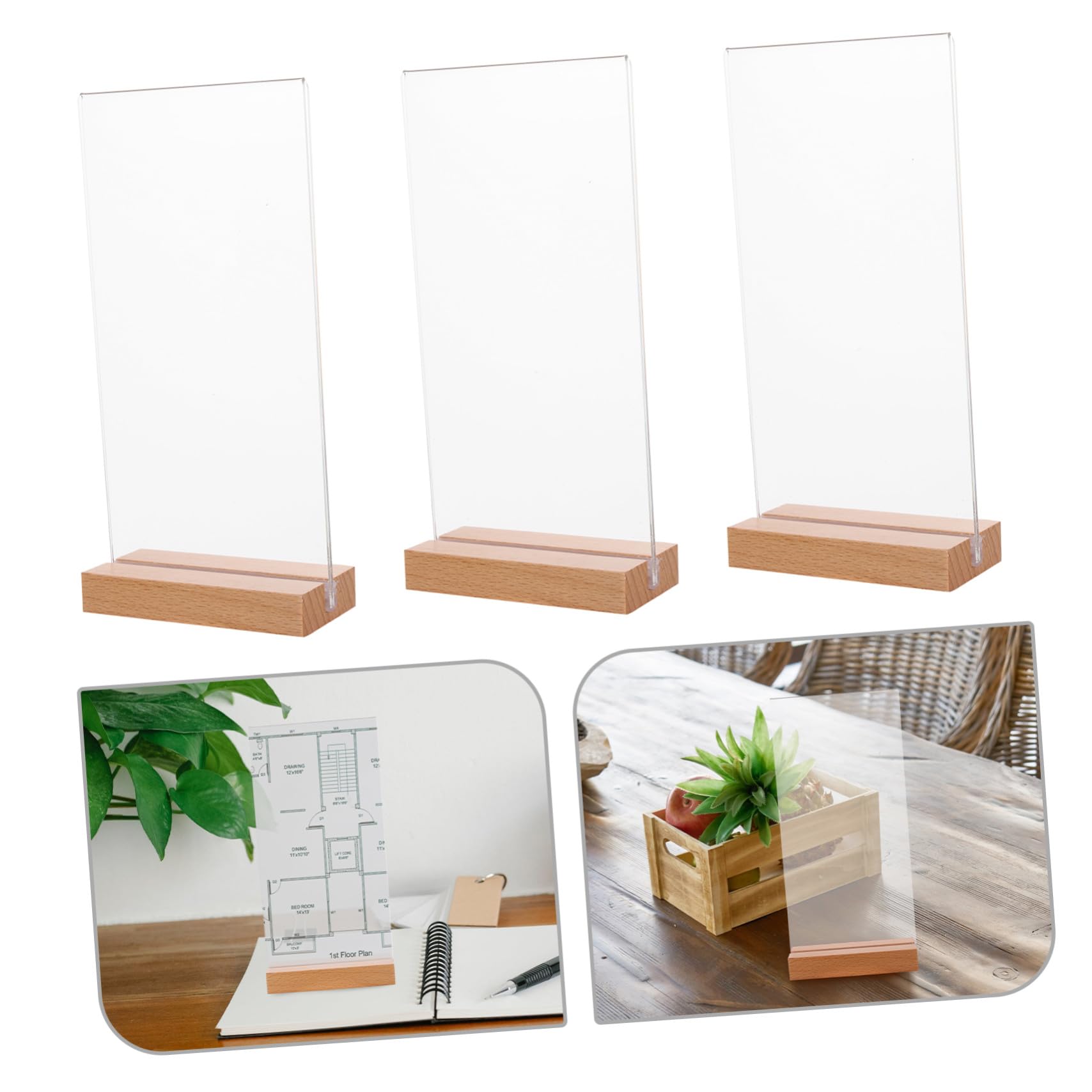 Gatuida 5 Piezas Soporte Menú Acrílico Transparente Doble Cara con Base Madera T Exhibidor Resistente para Restaurante Oficina Tienda y Eventos Vertical