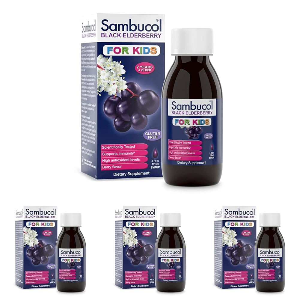 Sambucol Black Elderberry Syrup for Kids - Kids Elderberry Syrup, Added Vitamin C, Black Elderberry Syrup for Kids, Sambucus Elderberry Kids Syrup for Immune Support, Delicious Berry Taste - 4 Fl Oz