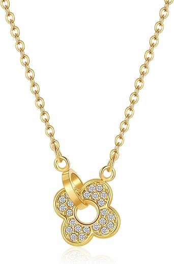 Dainty Gold Silver Four Leaf Clover Necklace CZ Clover Pendant Station Necklace for Women 18K Gold Plated Stainless Steel Lucky 4 Leaf Pendant Jewelry