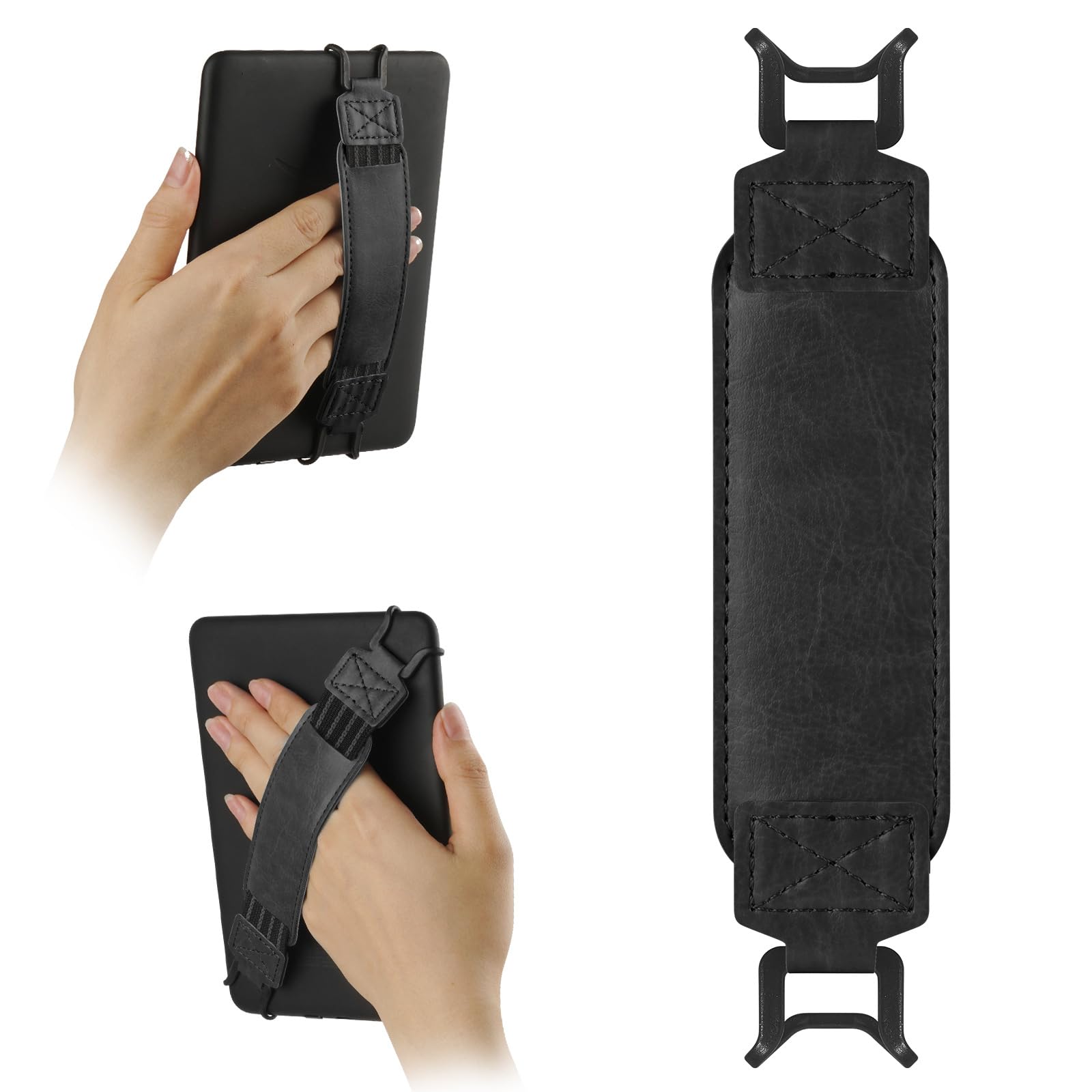 Correa de mano universal para tableta, soporte de agarre de piel sintética para tabletas y lectores electrónicos de 6 a 11 pulgadas, agarre ajustable anticaída con una sola mano, color negro