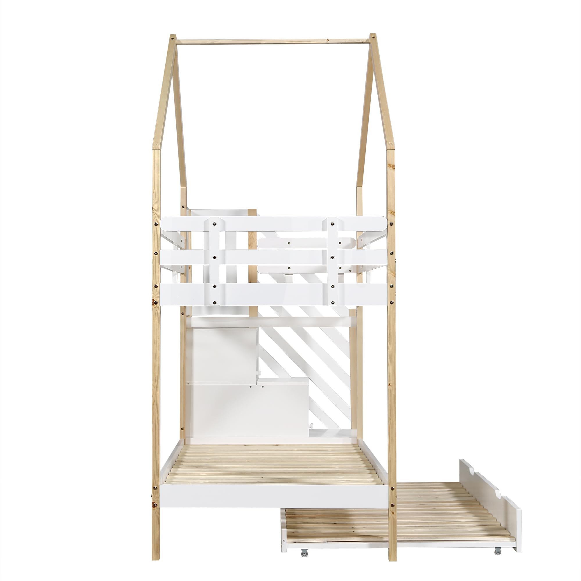 Idemon Letto a Castello a Forma di Casa sull'Albero 90×200 cm EN747-1 (Naturale/Bianco, Scala con 3 Cassetti & Letto Estraibile), Letto a Scorrimento Sicuro con Sponde Anti-Caduta & Rete a Doghe +