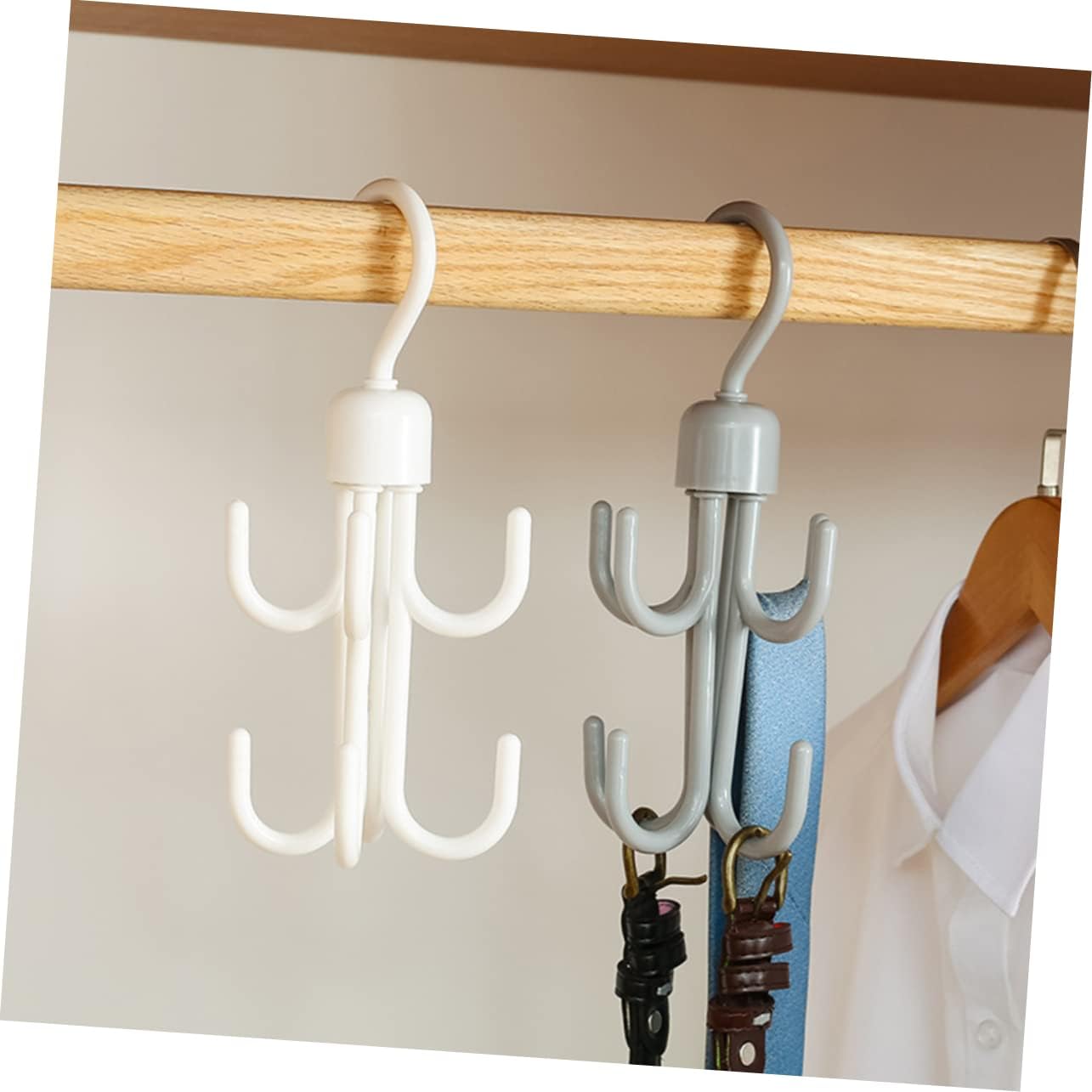 2pcs Rotating Eight Hooks Closet Organizer for Home Versatile Hanger for Scarves Ties Belts Accessories White Design Rotation