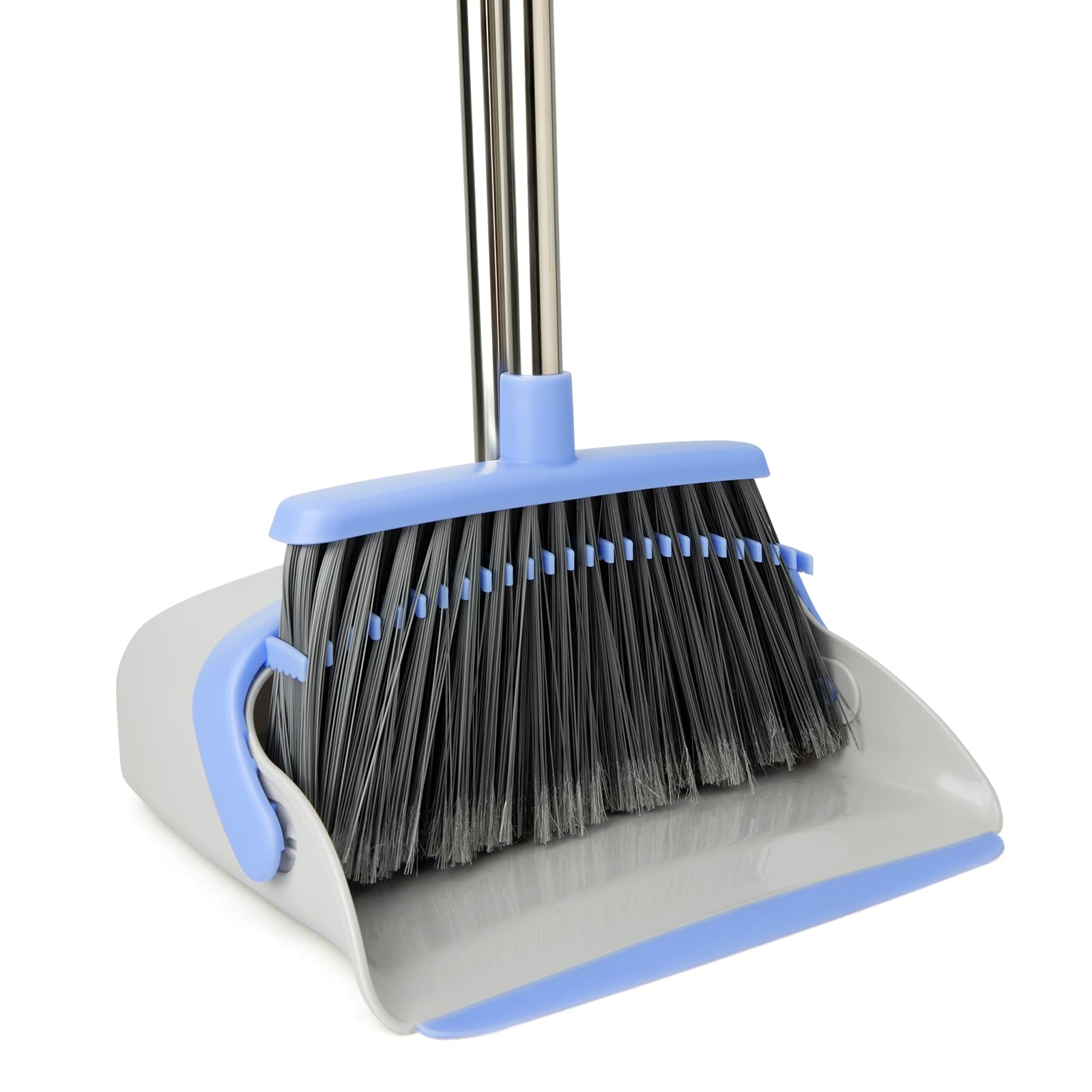 Broom and Dustpan Combo Set, Long Handle and Standing Dust Pan with Comb Teeth, Efficient Floor Cleaning for Kitchen, Outdoor, Dorm, Apartment, Office Lobby (Gray Blue)