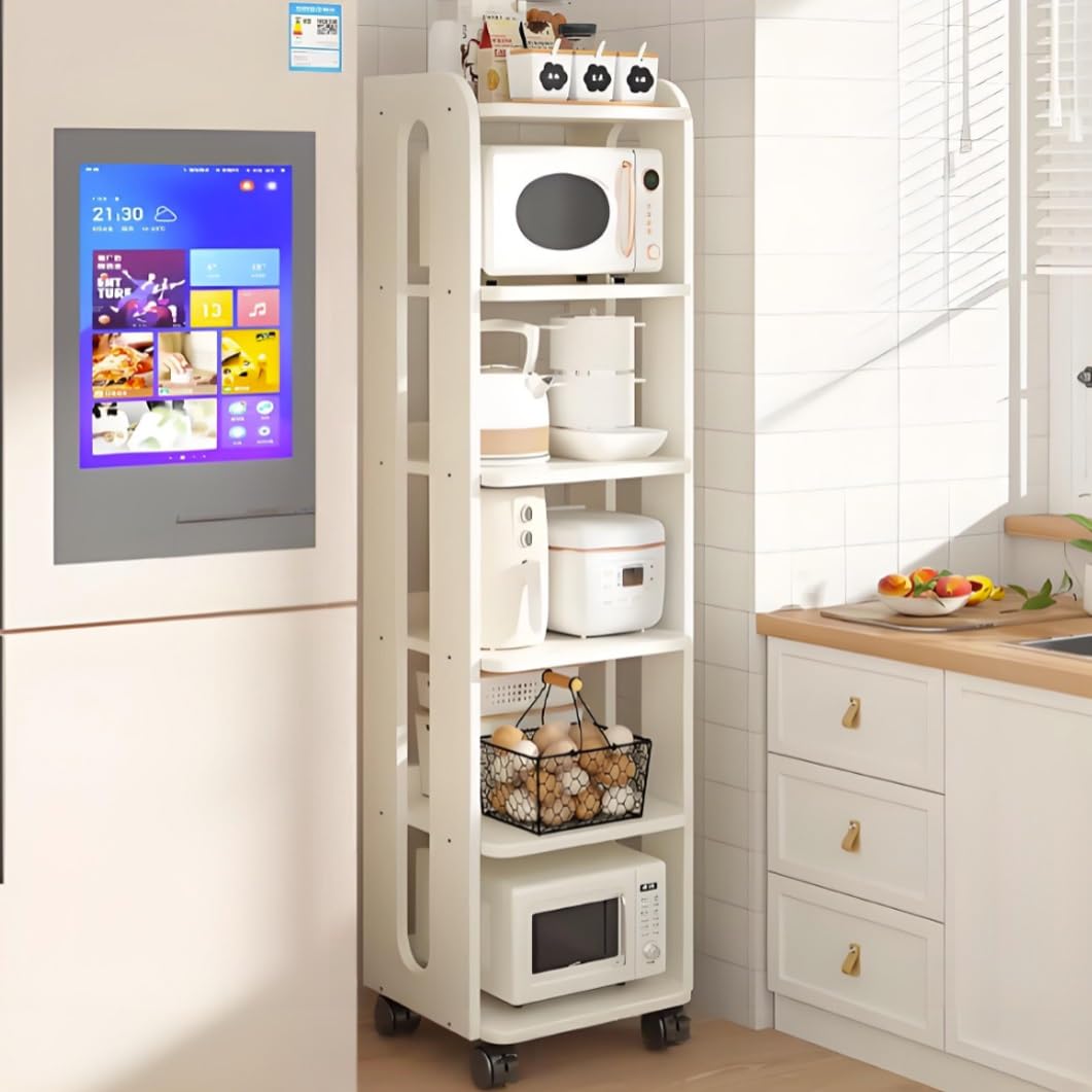 YVYKFZD Narrow Standing Shelf, Wooden Slim Storage Cart, Rolling Kitchen Utility Cart with Wheels, Freestanding Bathroom Organizer, for Dining Room, Pantry, Bakers(White,6 Tier 10.6"x10.2"x62.7")