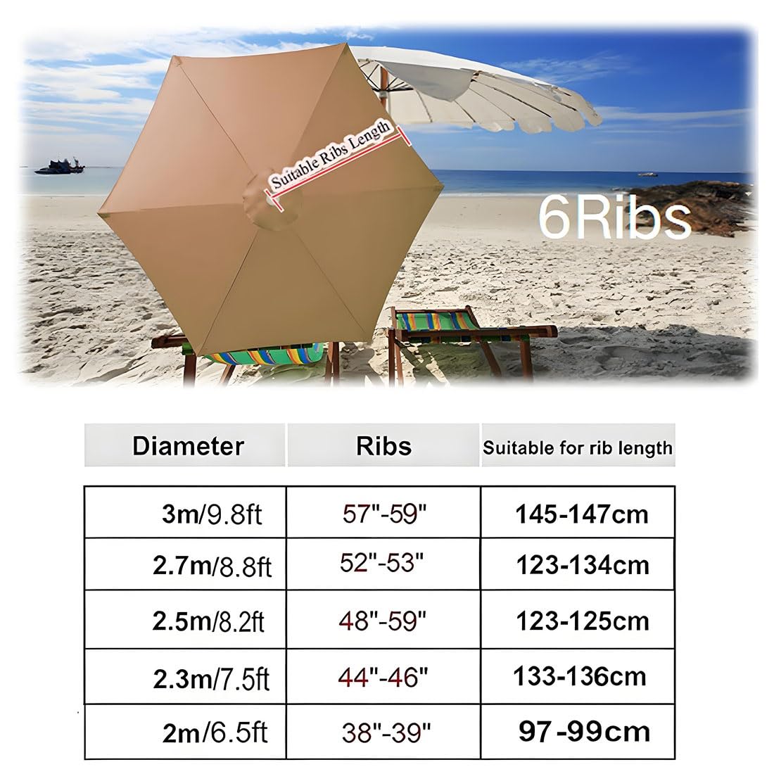 Cubierta para sombrilla de jardín UV50+ de 300 cm, para mesa de patio, 6 varillas, protección al aire libre, impermeable, elegante, color superior, ideal para protección solar.