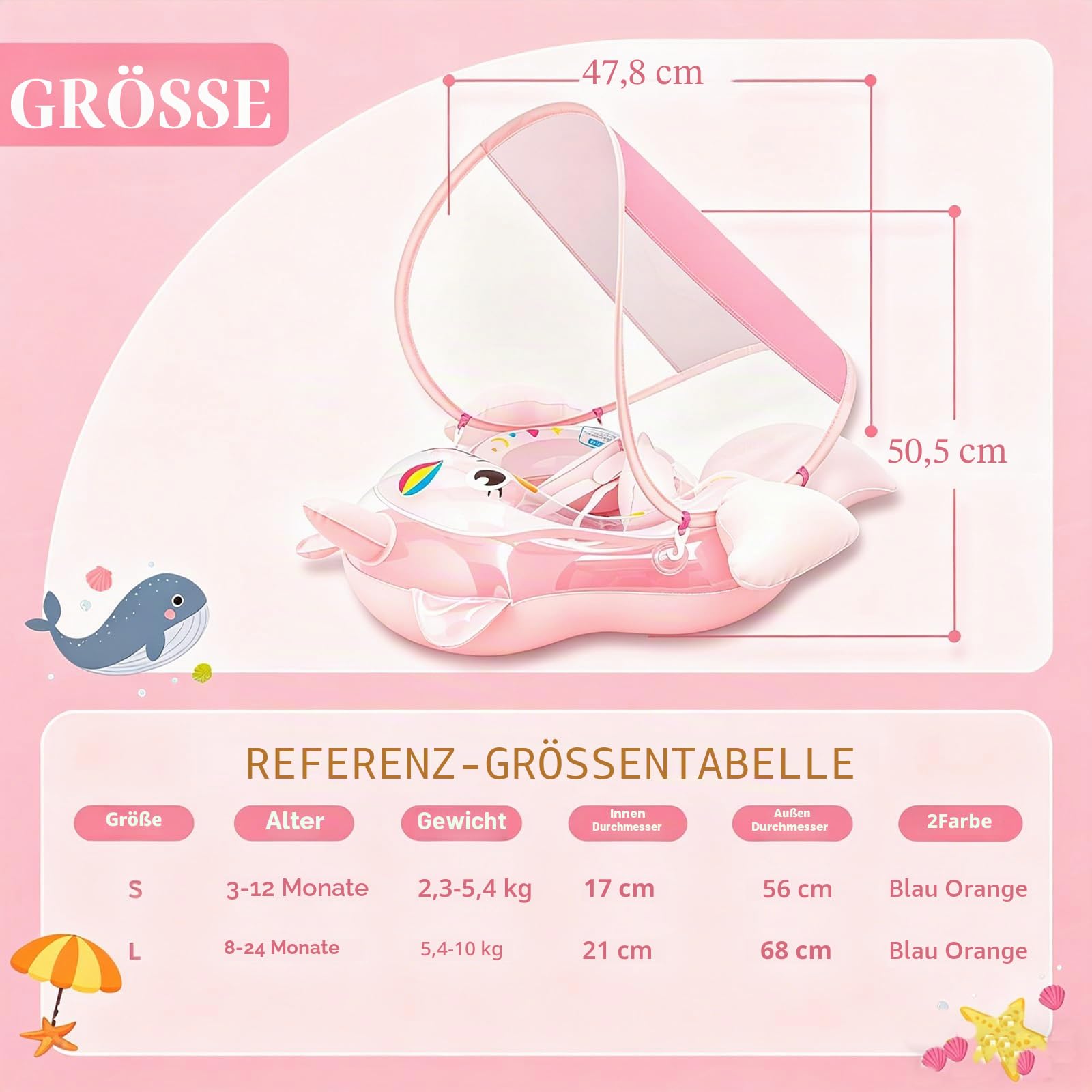 Schwimmring Baby mit Sonnendach Entfernbar ab 3-24 Monate,Einhorn Hai Schwimmhilfe Schwimmreifen Baby Pool Float with Canopy, Sonnenschutz UPF50+,Verstellbare Schwimmen Schwimmtrainer für Kleinkind