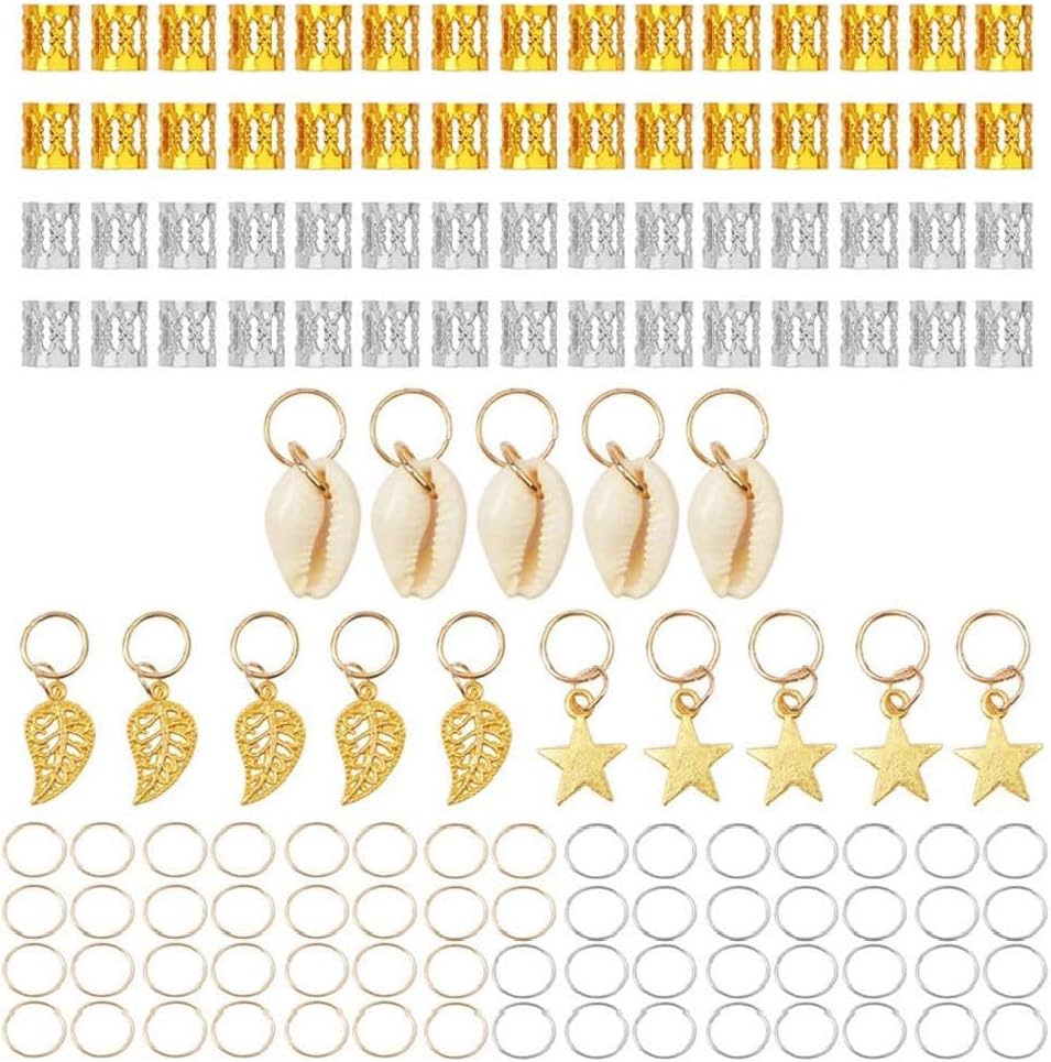 KASTWAVE Hair Jewelry for Braids, 140 Pieces Hair Jewelry Aluminum Hair Accessories Dreadlocks Beads Metal Cuffs Hair Rings Shell Charms Hair Coils Braiding Hair Decoration Clips