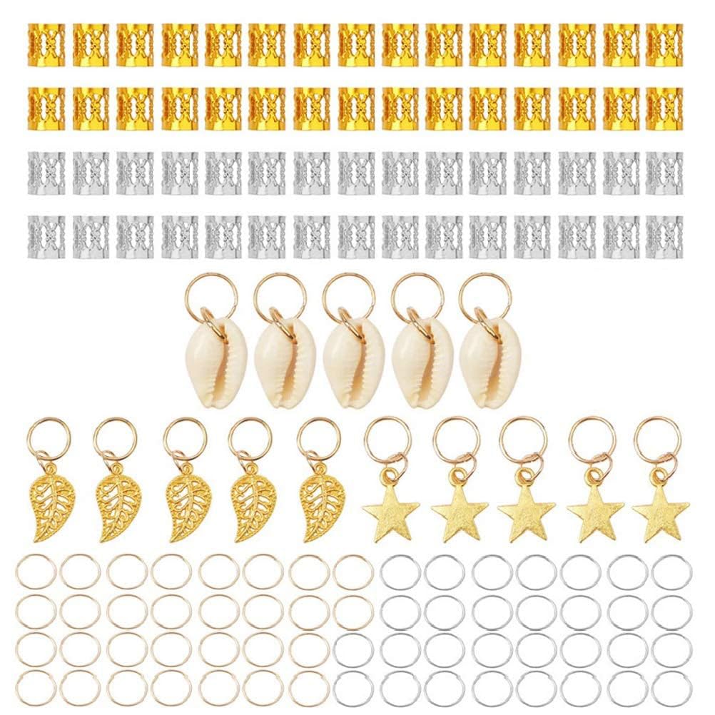 Hair Jewelry for Braids, 140 Pieces Hair Jewelry Aluminum Hair Accessories Dreadlocks Beads Metal Cuffs Hair Rings Shell Charms Hair Coils Braiding Hair Decoration Clips
